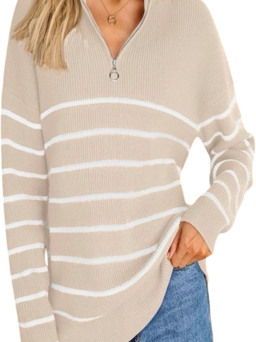 NWT LILLUSORY Quarter zip striped oversize mock turtleneck, Large